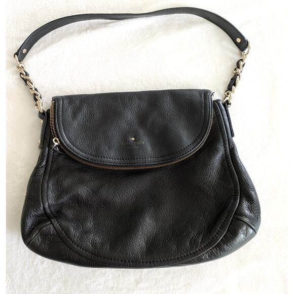 Kate Spade Pebbled Leather Purse Black‎ Gold Hardware Medium Shoulder Bag Flap - Picture 1 of 11